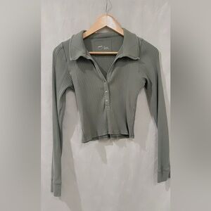 Aerie Ribbed Button Down Shirt - Sage Green